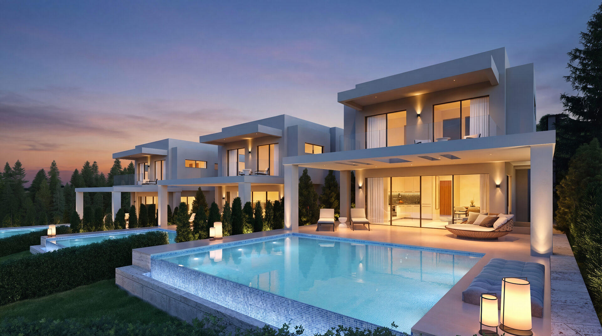 Paliouri Villas illuminated at dusk with private pools